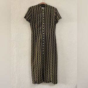 Prairie Rose Vintage Floral and Stripes Pattern Midi Ankle Dress - Size 8